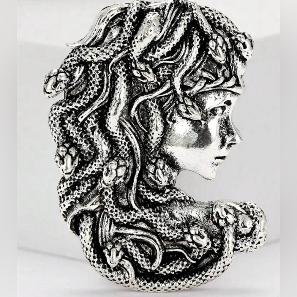 Greek Mythology Medusa Brooch, Silver Tone, Easy pin, Snake Engraved det…